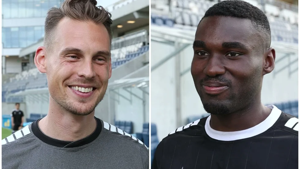 Tränare Daniel Bäckström och mittbacken Patrick Nwadike.