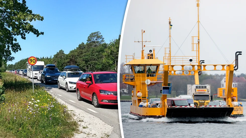 Kön till Fåröfärjan sträcker sig förbi hastighetsskylten på väg 148. En granne uppskattar kötiden till tre timmar.