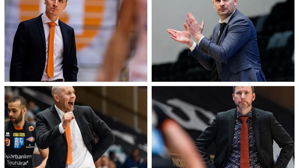 Fyra av de nio ligacoacherna: Mikko Riipinen (Dolphins), Adnan Chuk (Jämtland), Henrik Svensson (Borås) och Peter Öqvist (Luleå).