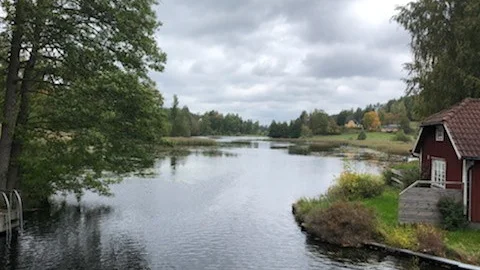 Ön skymtar bakom alarna till vänster i bild.
