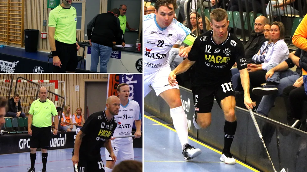 Emil Glenngård och Thomas Nystrand fick kasta sig iväg för att döma allsvensk innebandy.