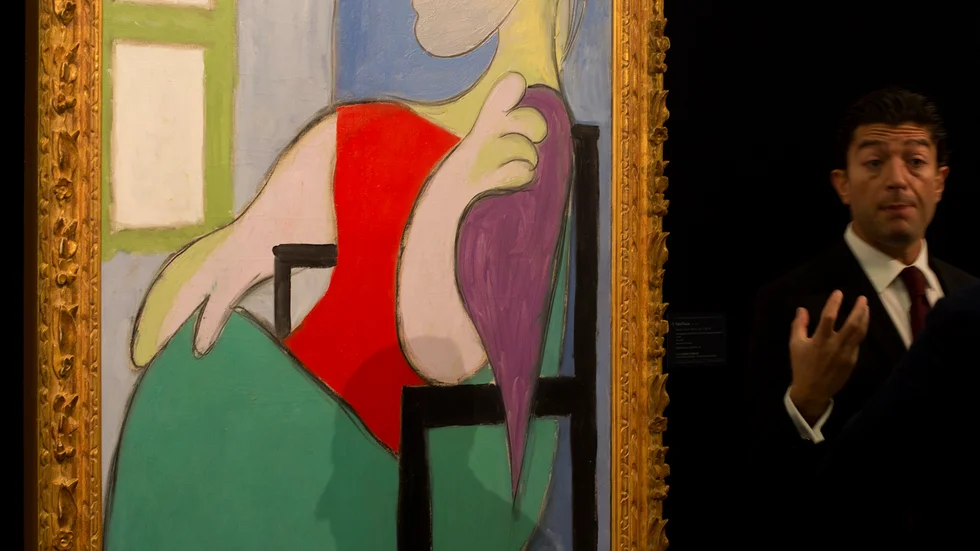 Tavlan "Femme assise près d'une fenêtre (Marie-Thérèse)" av Pablo Picasso.