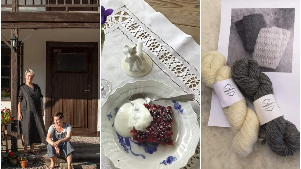 Landsbygdsstipendiaterna Matilda och Elisabet Magnusson som driver Kafé Lapphem i Borkhult, Elise Lundins vinnande lingonkaka från Linköping och stickpaketet, årets östgötska konsthantverk, från Ullspinneriet i Brink. 