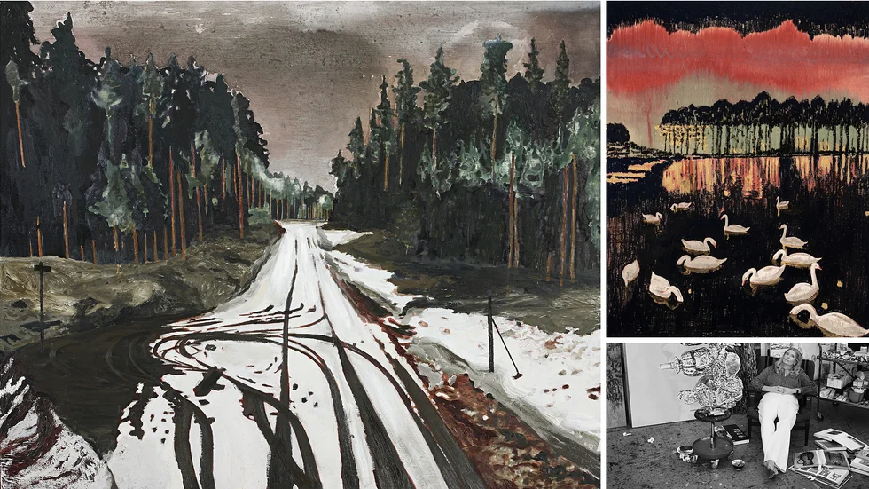 Bilden till vänster: “Dead End”, 2010, akryl och olja på panel. Foto: Per-Erik Adamsson. Bilden till höger: ”Swannery”, 2019, akryl och olja på panel. Foto: Lucy Dawkins. Nedre bilden till höger: Mamma Andersson i ateljén. Foto: Mats Liliequist.