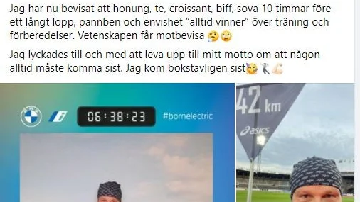 Liberalernas kommunalråd Mohamad Hassan efter målgången i Stockholm marathon.