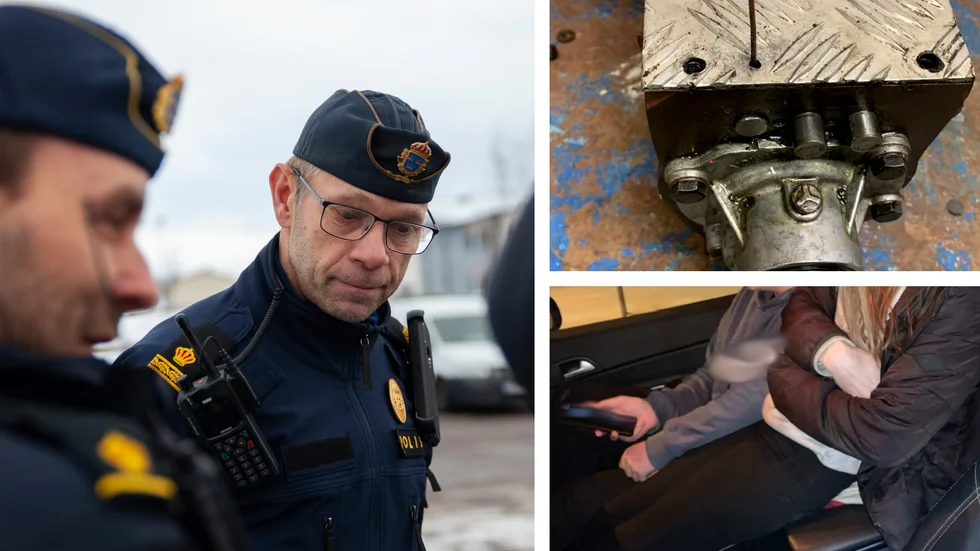 Joakim Berg och Joakim Stenman, som vi följt under deras arbete som trafikpoliser, hitttar brott och brister när de kontrollerar A-traktor-åkande ungdomar på vägarna. I växellådan på bilden har någon borrat ett hål så att en spärr kan tryckas ner, och högre växlar läggas i. Att åka på mittkonsolen i bilen är enligt polisen en trafikfara.