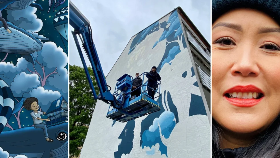Hue Hyunh målar sin bild "Gränslösa drömmar" på en 16 meter hög fasad i Nyfors i Eskilstuna. 