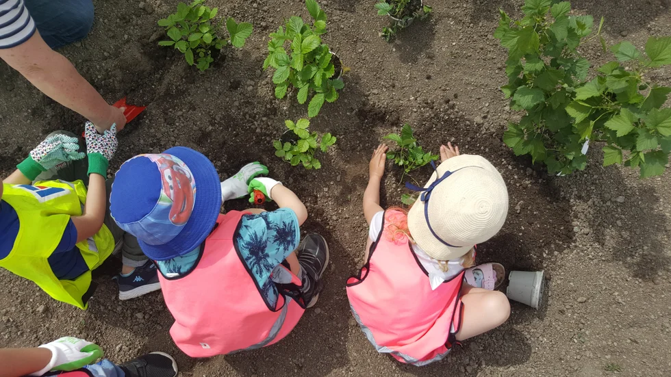 Barn från Solkullens förskola hjälpte till att plantera vid nya lekparken i Gamleby.