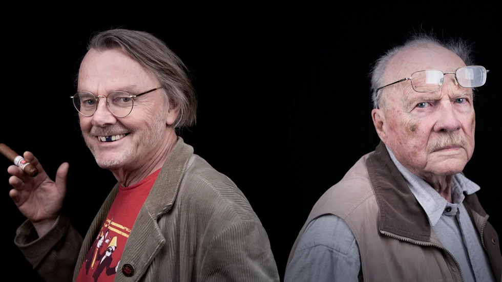 Den röde entreprenören Lasse Diding och vännen Jan Myrdal porträtteras under Myrdals sista tid i livet i Varberg. Pressbild.