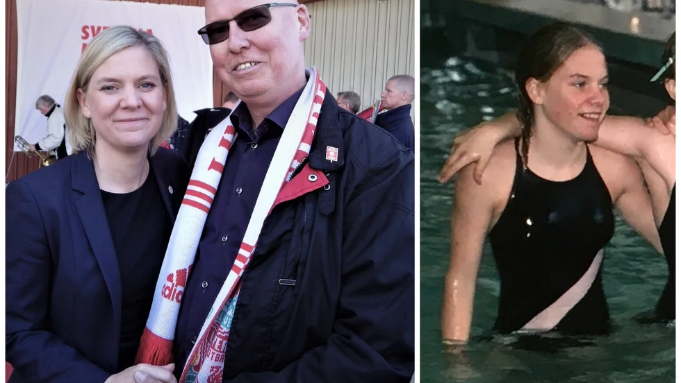 Till vänster: Magdalena Andersson träffar sin gamla simtränare Christer Johansson på 1 maj i Uppsala 2017. Till höger: 12-åriga Magdalena Andersson på ungdoms-SM i Malmö 1979.
