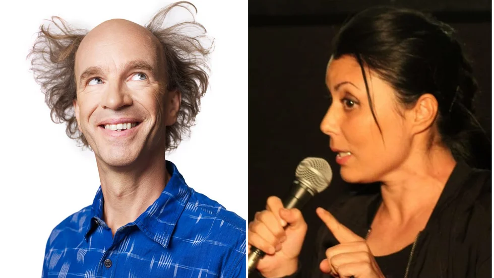 Eric Löwenthal brukar uppträda på Norra Brunn i Stockholm i vanliga fall. Till höger Cecilia Saberi, grundaren av Märstas egen standup-klubb.
