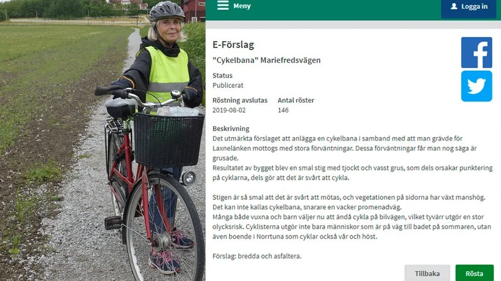 "Det är kul att så många engagerat sig", säger Britt Eriksson, som är en av dem som står bakom e-förslaget om att fixa till cykelbanan till Klämmingsbergsbadet.