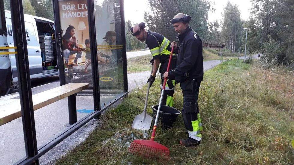 Ännu ett uppdrag.  Manfred Lundberg, och Stefan Karlsson, (till vänster) A bygg och montage, fick på tisdagsförmiddagen återigen samla upp glas från en busskur på Björkskatan.