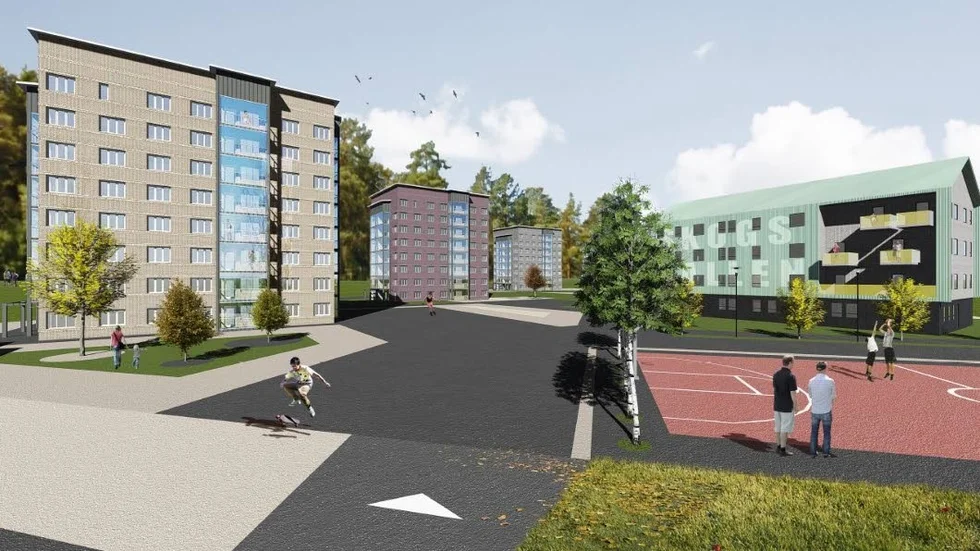Skogsvallen i ny skepnad. Så här ville Monarken att det nya bostadsområdet på Skogsvallen ska komma att gestalta sig. Kommunen motsätter sig dock förslaget.