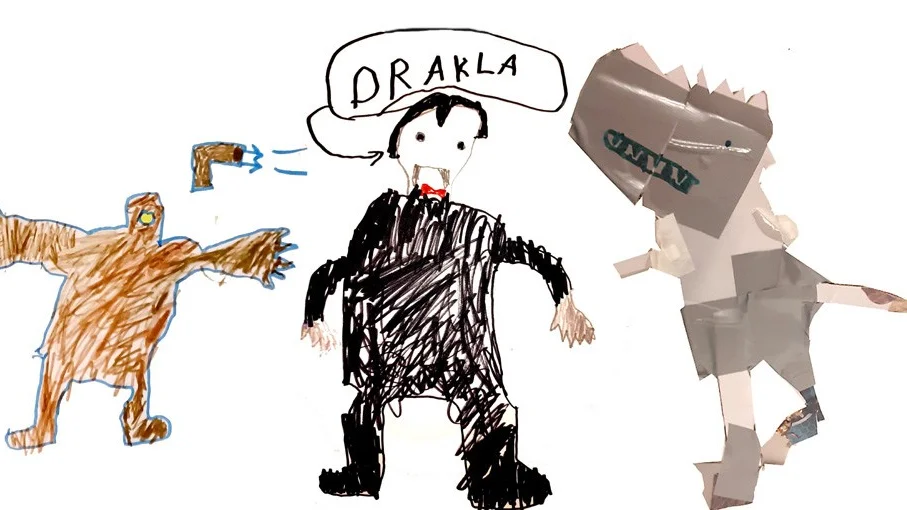 Waldemar Sundstedt, 5 år från Piteå, har satt ihop en spännande bildberättelse som heter "Drakla jagas av ett monster och möter en Tyrannosaurus". Man kan ana att det blir ett hemsk sammandrabbning. Insänt av morfar Bertil Sundstedt.
