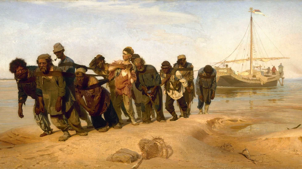 ”Pråmdragare vid Volga” är en av Ilja Repins mest berömda målningar. Tavlan hänger på Ryska museet i S:t Petersburg.   