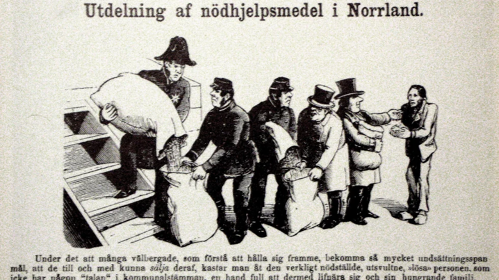 Teckning ur Fäderneslandet  14 december 1867. Från vänster ser vi landshövdingen, kronolänsman  och kommunens storbönder, som alla förser sig med nödhjälpsspannmål. Den fattige mannen längst till höger får i slutänden bara en handfull.          