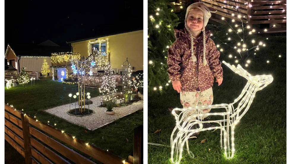 Lina Sjödin och Fredrik Nilsson i Västervik har gjort väldigt fint med massa julbelysning. Deras dotter Stina trivs så klart bland alla lampor. 