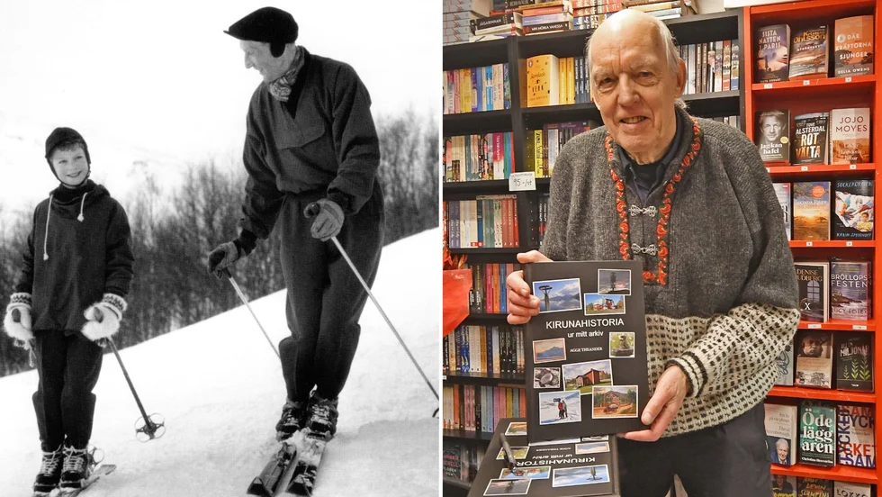Bilden till vänster skidlegendaren Olle Rimfors tränar kronprins Carl Gustaf 1957. Till höger Agge Theander med sin bok "Kirunahistoria – ur mitt arkiv". 