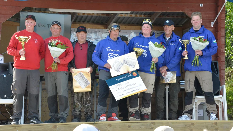 Prispallen. Tvåorna "Bottennappet" till vänster, treorna "Ogopogo" till höger och vinnarna "S-fishing" i mitten.  