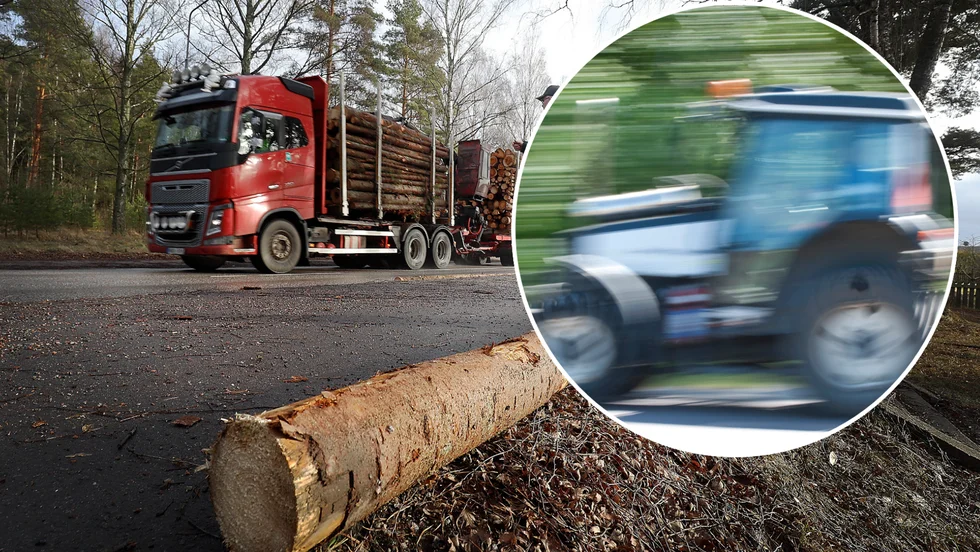 Det var en traktor i hög fart och inte en lastbil som tappade timmerstockarna på gångbanan i centrala Ärla på onsdagen.