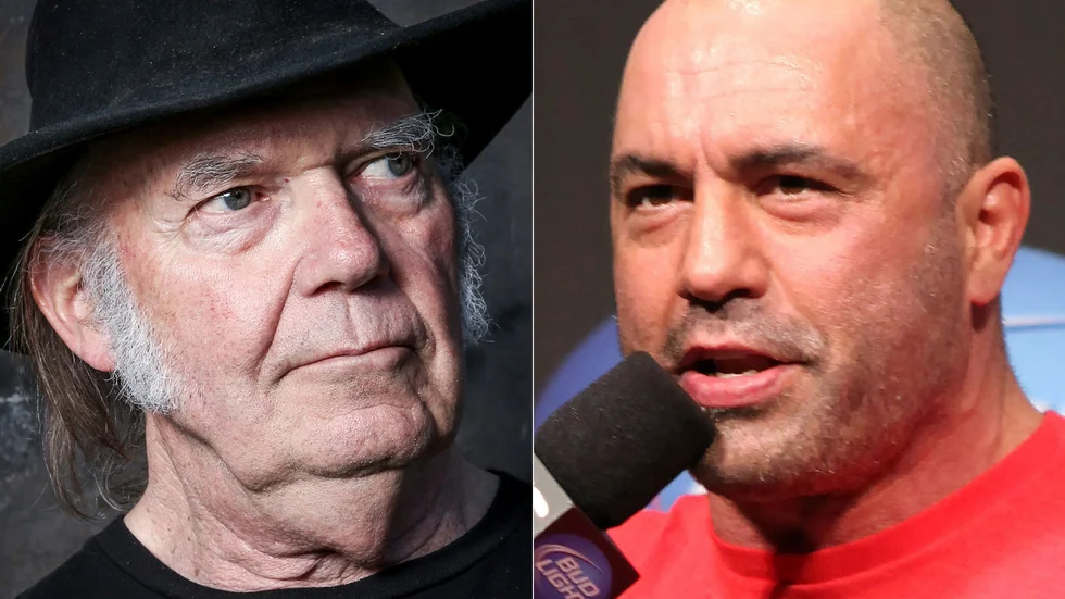Neil Young (fotografi taget 2016) har kritiserat Spotify för podden som drivs av Joe Rogan (fotografi taget 2012). 