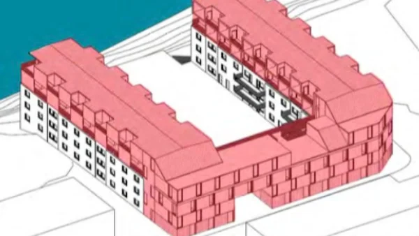 Gösen. Tanken är att den befintliga fastigheten (vit) ska byggas ut på höjden och längden (rött) Ill: White Arkitekter