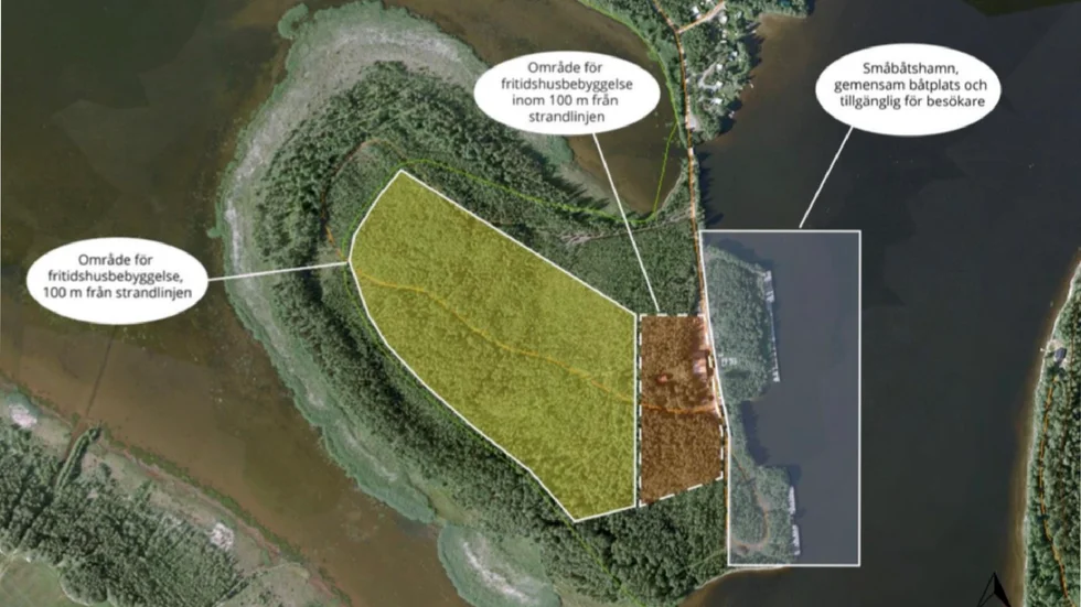 Här syns hur fritidshusen skulle placeras i mitten av ön, strax innanför gränsen för naturreservatet (gränsen är den gröna linjen). Det röda fältet är eventuella tomter där man ger dispens från strandskyddet. Längst till höger är platsen för båthamnen. Foto: Skellefteå kommun.