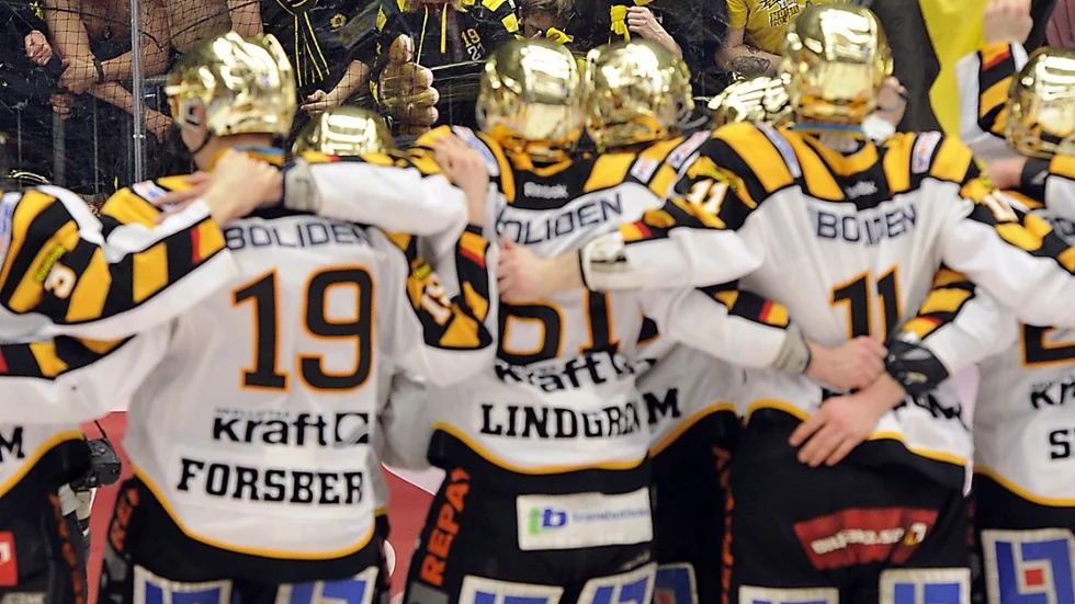 SM-Guld! Spelarna tackar klacken med att hoppa på isen. Foto: Ulf Johansson