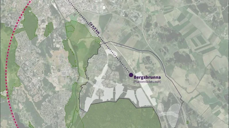 Bild från översiktsplanen. Bergsbrunna, som hamnar mitt i det nya området, ska enligt planen få en ny järnvägsstation: Uppsala södra.