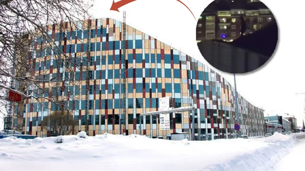 Ända sedan Teliahuset i Luleå byggdes har det liknats med en skidbacke. Fotomontage: Marianne Westin/NK och Youtube.