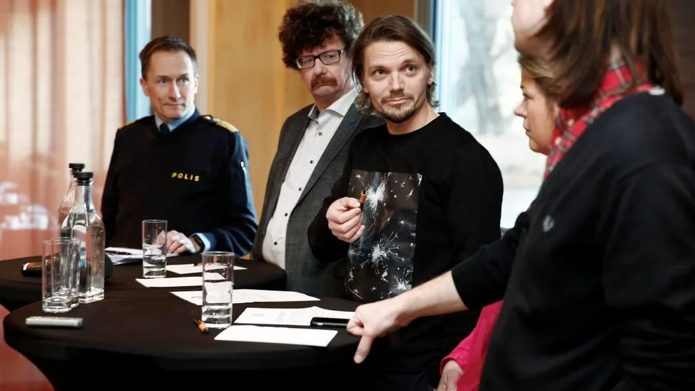 Robert Wallén, från polisen,  Lars Stjernkvist, komunstyrelsens ordförande i Norrköping,  Pelle Ullholm, RFSU, Louise Flygt, Norrköpings kommun och Niklas Westergren, FKP Scorpio Sverige på dagens pressträfff.