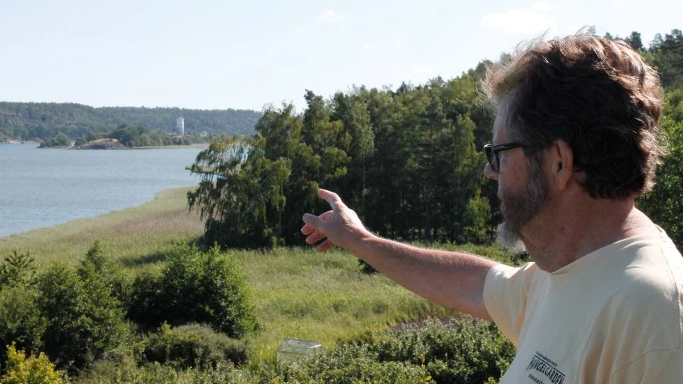 Nära Stegeborg. Skällviks borgruin ligger väldigt nära Stegeborgs ruin och i bakgrunden kan man skymta Stegeborgs torn, som Ola Lönnqvist pekar mot.