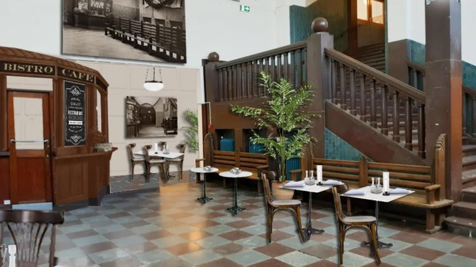 Photoshopbild på förslag på café/bistro i entréhallen.
