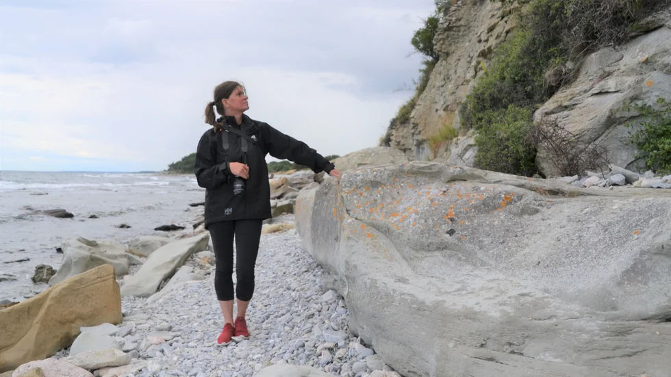 Sofia Hoas från Gotlands Museum vid en geologiskt intressant formation vid Hoburgen. Hon har lett arbetet med den nya skyltningen av vandringsstigen.