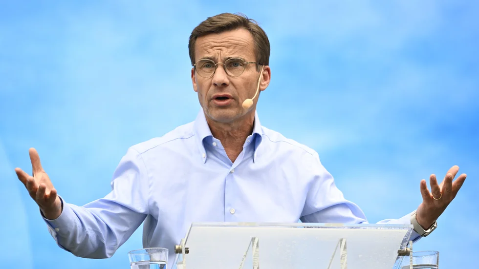 Moderaternas partiledare Ulf Kristersson håller tal i Almedalen.