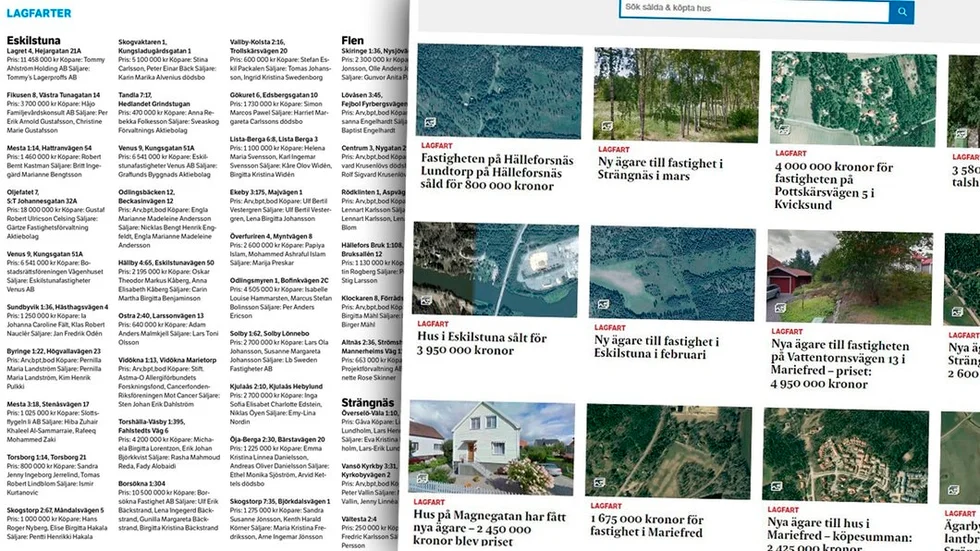 Till vänster syns de traditionella lagfarterna och hur de brukar se ut i papperstidningen. Till höger ser du hur de ser ut på webben med den nya tjänsten.