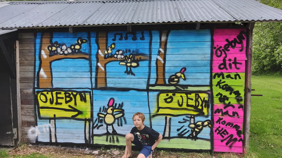 Färgstarkt, fåglar och Öjebyn. Oliver Mäki, elva år, har skapat graffitikonst hela sommarlovet. Här framför grannens vägg som han utsmyckat.