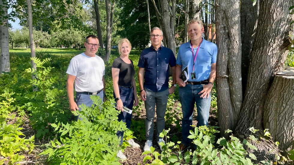 Startskottet har gått för Djulöområdets omvandling. Från vänster: Christer Sundqvist (M), förste vice ordförande i kommunstyrelsen, Sarah Lagerbäck, vd på Statt, Johan Söderberg (S), kommunstyrelsens ordförande och Stefan Jansson, fastighetschef i Katrineholm. 