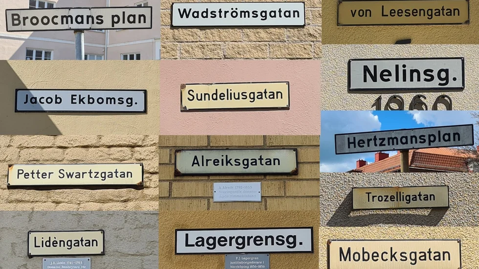 De femton märkesmännen på gatuskyltarna i Söderstaden. Foto: Peter Kristensson/Klingsbergs Förlag