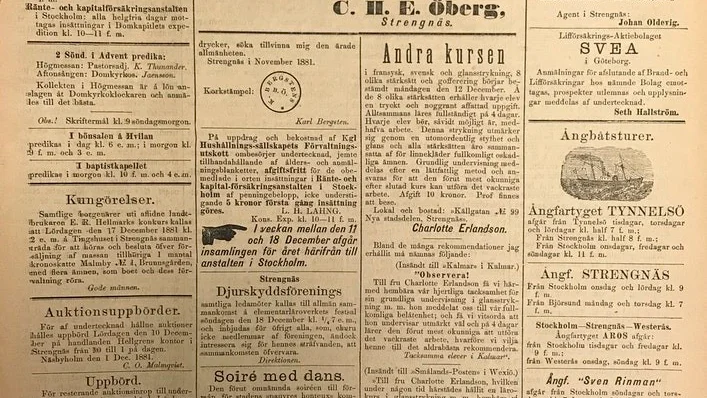 Strengnäs Tidning den 3 december 1881.