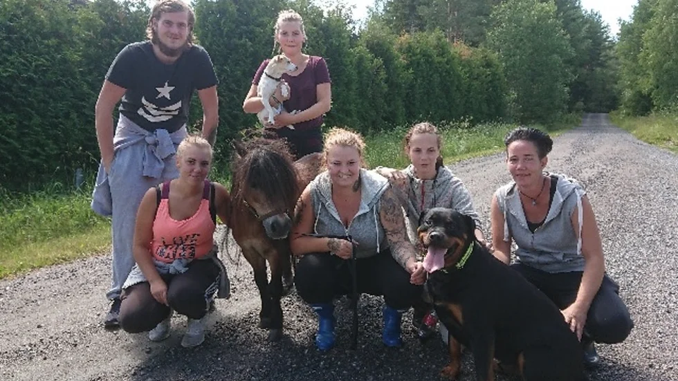Delar av sökstyrkan: Robin Jurgec, Louise Andersson, Jessica Angman, Hanna Karlsson, Belinda Karlsson, Eva Lundborg, rottweilern Tyson och den dansksvenska hunden Saga tillsammans med en återfunnen Urbina.