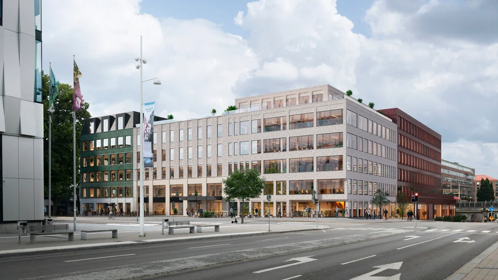 Nya Sivia torg planeras få stora glaspartier och takterrass. Vy från Vaksalagatan. Exakt utseende bestäms senare. 