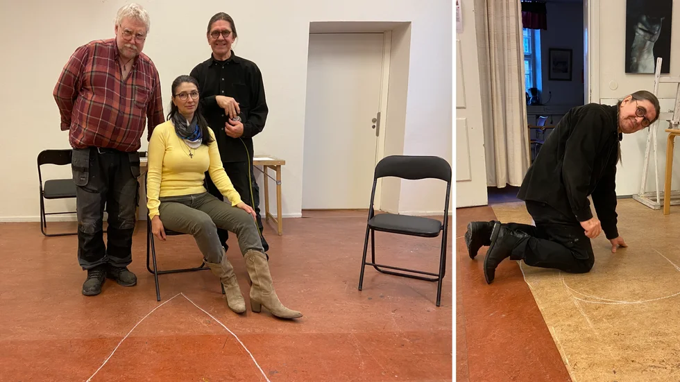 Båtbyggare: Nils Bertil Malmberg, Angela Ursol och Sture Söberg (även lilla bilden). Här har konstnärstrion tagit plats vid fören.