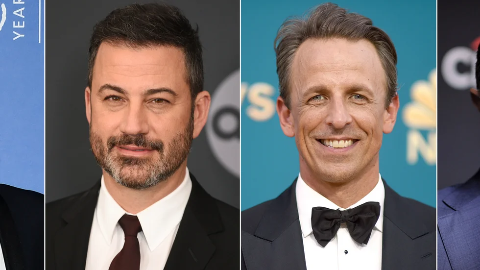 Jimmy Fallon, Jimmy Kimmel, Seth Meyers och Stephen Colbert. Arkivbild.