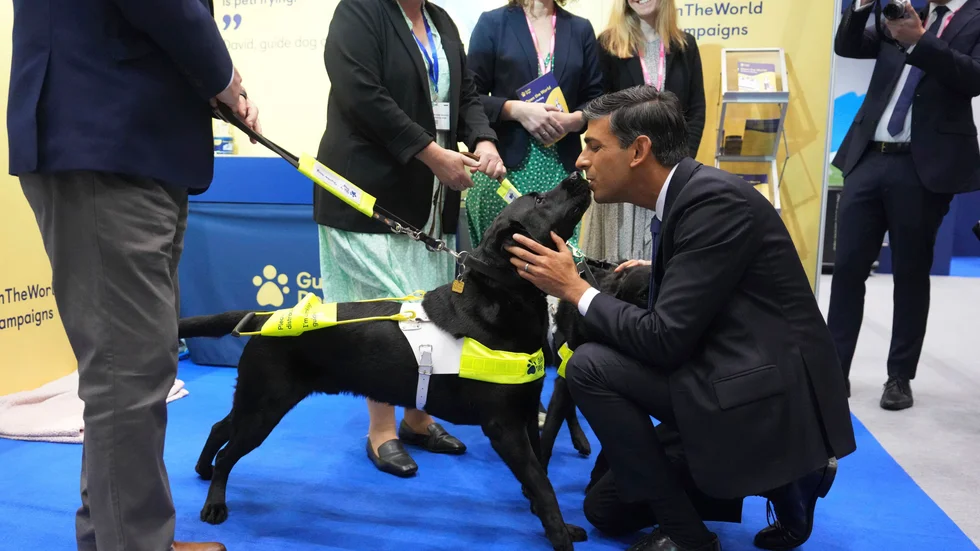Rishi Sunak hälsar på en ledarhund i kongresshallen i Manchester.