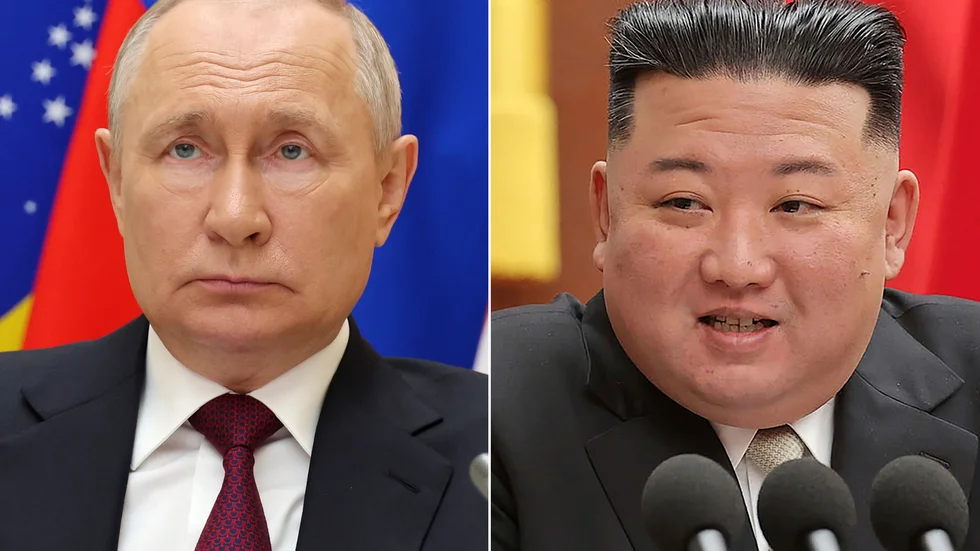 Montagebild på Rysslands president Vladimir Putin och Nordkoreas ledare Kim Jong-Un. Arkivbild.