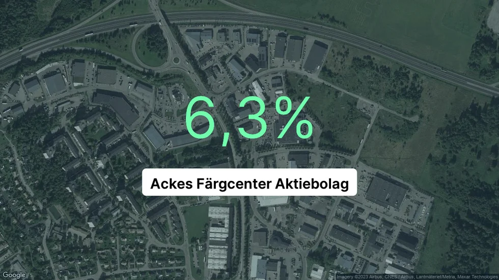 Illustrationen visar rörelsemarginalen för Ackes Färgcenter för det senaste året. Bakgrunden är en satellitbild över företagets adress.