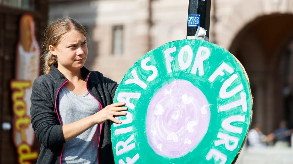 Greta Thunberg i samband med en klimatstrejk på Mynttorget i Stockholm arrangerad av nätverket Fridays for future i september.