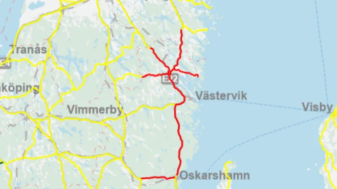 Den röda färgen indikerar "Besvärligt väglag".